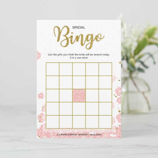 vrijgezellenfeest Bingo | Roze en goudflora Kaart (Staand voorkant)