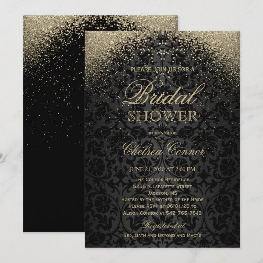 Vrijgezellenfeest - Black Damask en Gold Glitter Kaart (Voorkant / Achterkant)