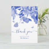 Vrijgezellenfeest blauwe en witte vlinder bedankkaart (Staand voorkant)