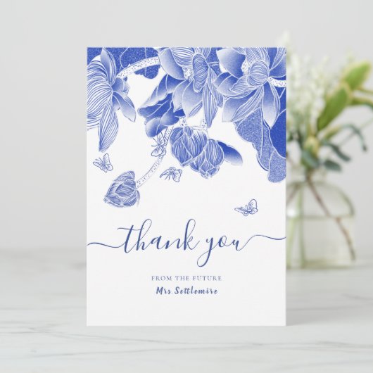 Vrijgezellenfeest blauwe en witte vlinder bedankkaart (Staand voorkant)