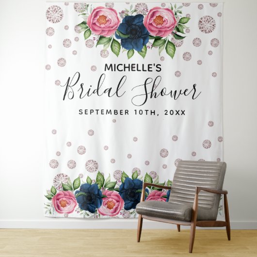 Vrijgezellenfeest blauwe roze bloemkolen witte dia wandkleed (In situ)