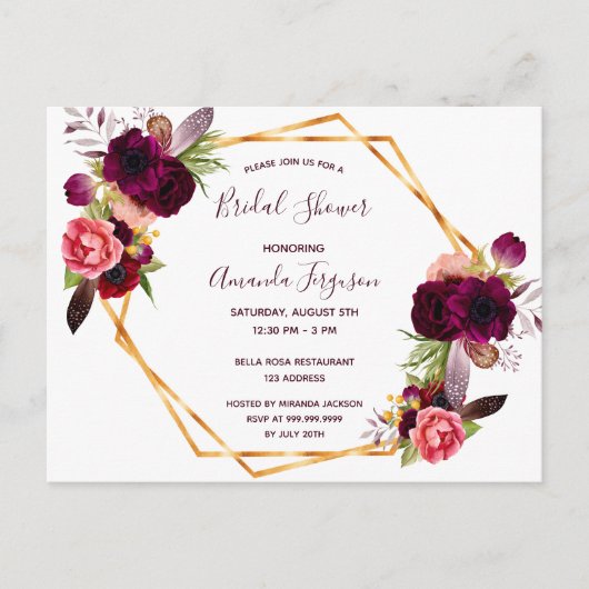 Vrijgezellenfeest bloemen burgundy - uitnodiging (Voorkant)