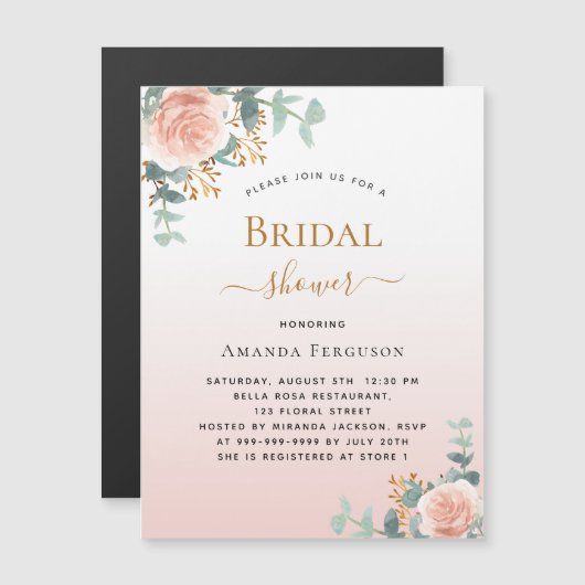 Vrijgezellenfeest bloemengoud roos groen luxe magnetische uitnodiging (Voorkant / Achterkant)