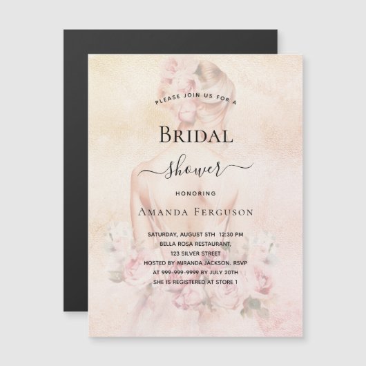 Vrijgezellenfeest blond bruid roos gouden luxe magnetische uitnodiging (Voorkant / Achterkant)