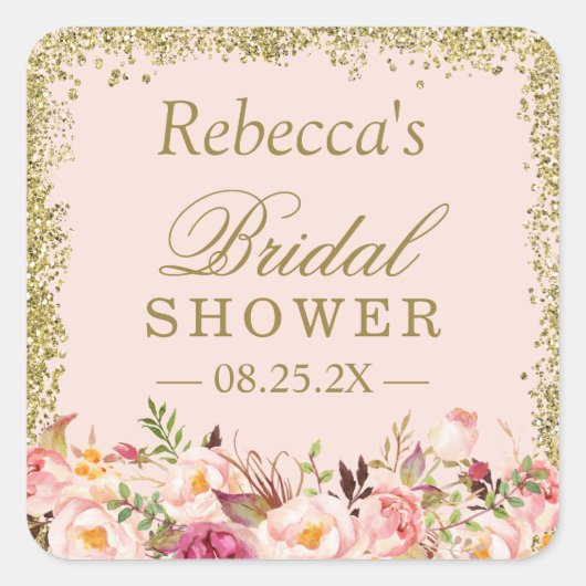 Vrijgezellenfeest Blush Pink Gold Glitters Floral Vierkante Sticker (Voorkant)