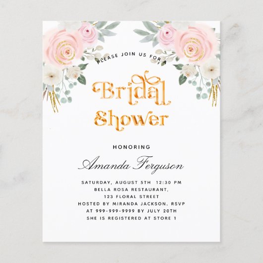 Vrijgezellenfeest blush roze florale begrotingsuit flyer (Voorkant)