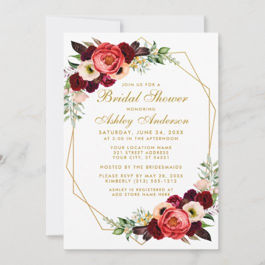 Vrijgezellenfeest Boho Burgundy Floral Invite G Kaart (Voorkant)