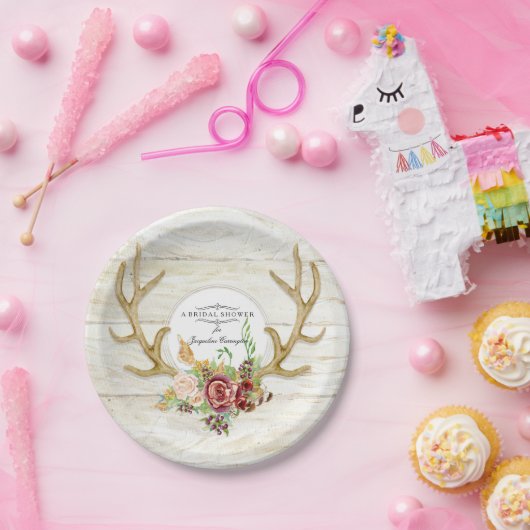 Vrijgezellenfeest Boho Deer Antler Red Rose Waterv Papieren Bordje (Feest)