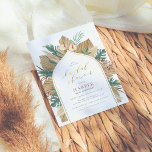 Vrijgezellenfeest Boho Palm & Pampas Gold Arch<br><div class="desc">Een bohemisch ontwerp met een goudboog bedekt met tropische palm en monstera-bladeren, pamapgras, lileuven en gedroogde bladeren van de soort "Roestend". "vrijgezellenfeest" wordt weergegeven in gouden scriptletters met de jouw namen hieronder. Uw gebeurtenisdetails verschijnen in klassieke serif laag-hoesje typografie. Kaarten keren terug naar een groene waterverf was. Klik op "Personaliseren"...</div>