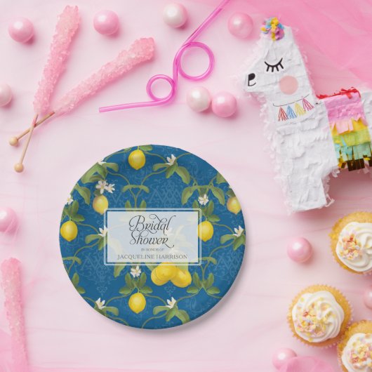 Vrijgezellenfeest BOHO Royal Blue Lemon Flower Cit Papieren Bordje (Feest)