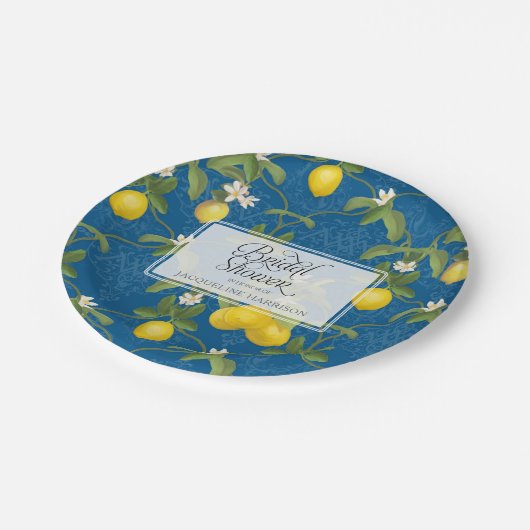 Vrijgezellenfeest BOHO Royal Blue Lemon Flower Cit Papieren Bordje (Gekanteld)