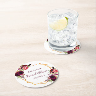 Vrijgezellenfeest bordeauxbloemen geometrisch goud ronde kartonnen onderzetter