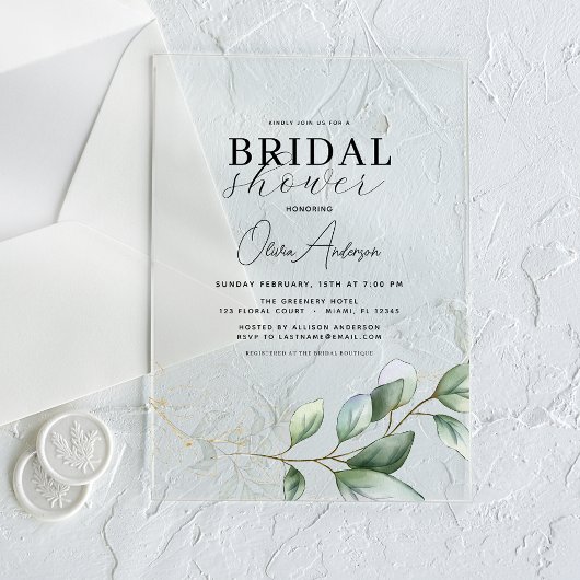 Vrijgezellenfeest botanische eucalyptus rustiek acryl uitnodigingen