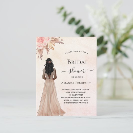 Vrijgezellenfeest bruid roos gouden pampas boho uitnodiging briefkaart (Staand voorkant)