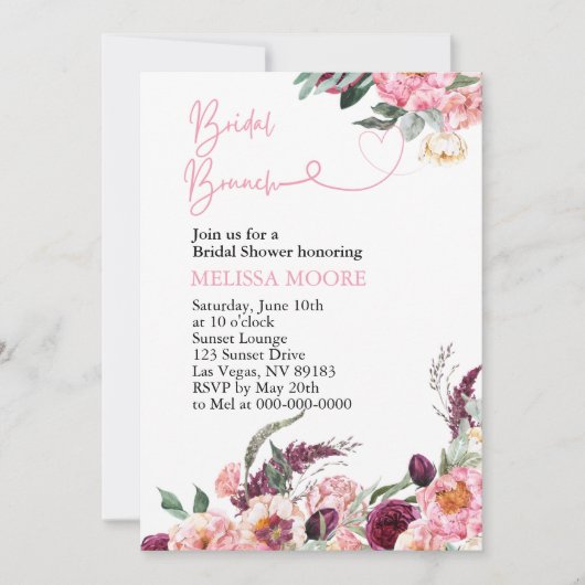 Vrijgezellenfeest Brunch Boho Roze Bourgondië Pioe Kaart (Voorkant)