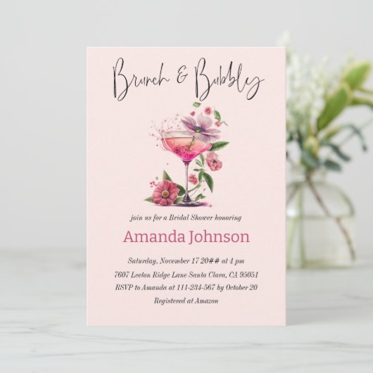 Vrijgezellenfeest Brunch & Bubble Blush Pink Flowe Kaart (Staand voorkant)