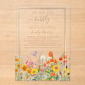 Vrijgezellenfeest Brunch & Bubble Boho Wild Flower Acryl Uitnodigingen (Voorkant)
