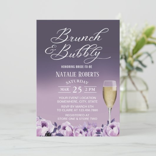 Vrijgezellenfeest Brunch Bubble Elegant Paars Flor Kaart (Staand voorkant)