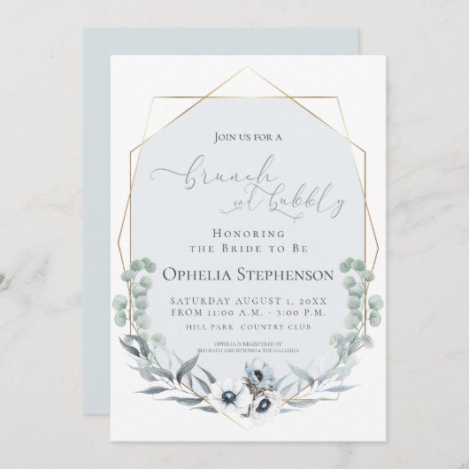 VRIJGEZELLENFEEST | Brunch en Bubble Dusty Blue Fl Kaart (Voorkant / Achterkant)