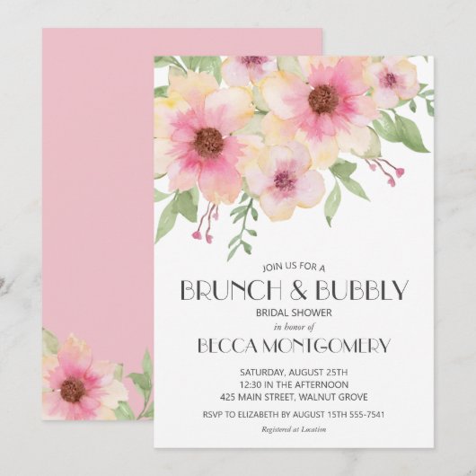 Vrijgezellenfeest Brunch en Bubbly Floral Kaart (Voorkant / Achterkant)
