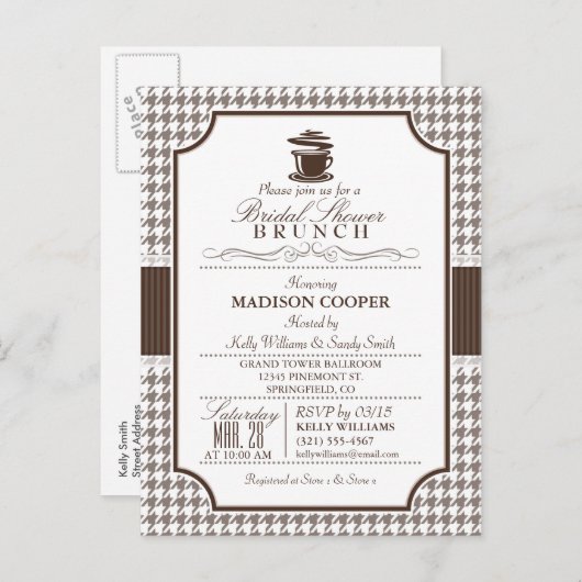 Vrijgezellenfeest Brunch; Taupe Houndstooth Uitnod Uitnodiging Briefkaart (Voorkant / Achterkant)