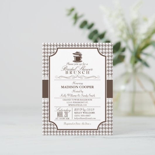 Vrijgezellenfeest Brunch; Taupe Houndstooth Uitnod Uitnodiging Briefkaart (Staand voorkant)