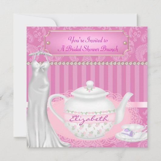 vrijgezellenfeest Brunch Teapot & Teacup Damask Kaart (Voorkant)