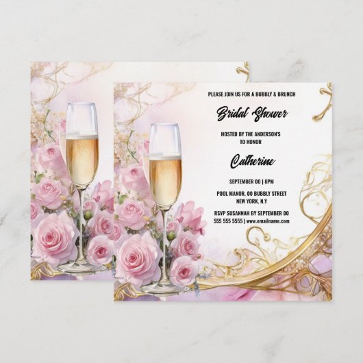 Vrijgezellenfeest bubbelige brunch roze rozenbloem feestdagenkaart (Voorkant / Achterkant)