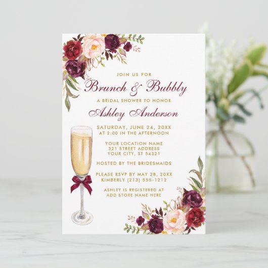 Vrijgezellenfeest Burgundy Floral Brunch Bubble Go Kaart (Staand voorkant)