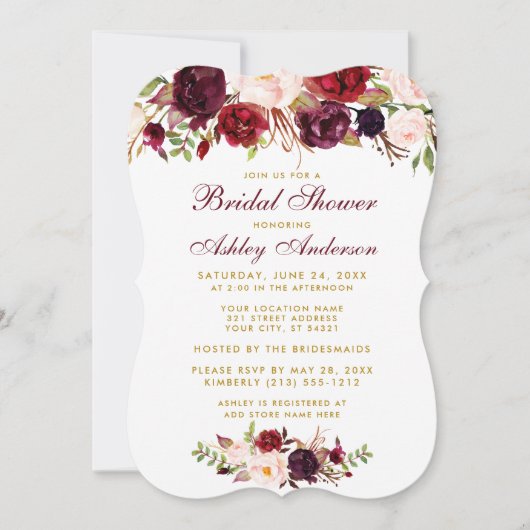 Vrijgezellenfeest Burgundy Floral Gold Invitation  Kaart (Voorkant)