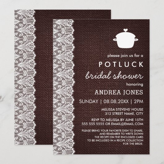 Vrijgezellenfeest Burlap & Lace Potluck Kaart (Voorkant / Achterkant)