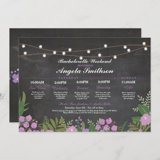 vrijgezellenfeest Chalk Paars Itinerary Bacheloret Programmakaart (Voorkant / Achterkant)