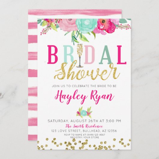 Vrijgezellenfeest Champagne Pink & Mint Flowers Kaart (Voorkant / Achterkant)