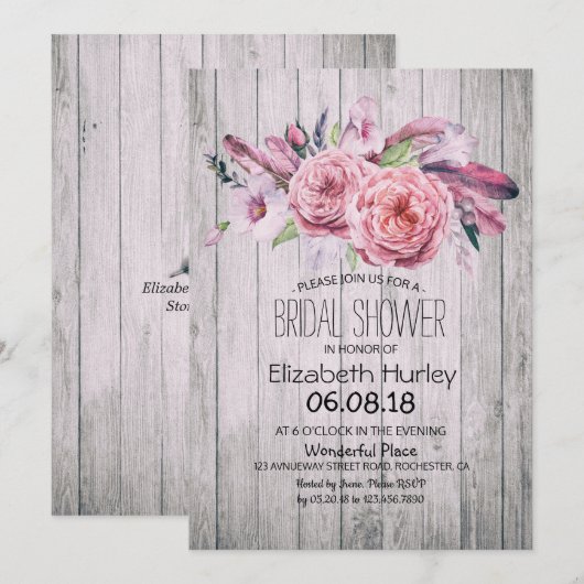 Vrijgezellenfeest Chic Boho Floral Feather Rustic  Kaart (Voorkant / Achterkant)