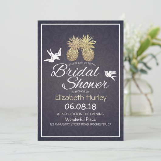 Vrijgezellenfeest Chic Gold Pineapple Couple Navy Kaart (Staand voorkant)