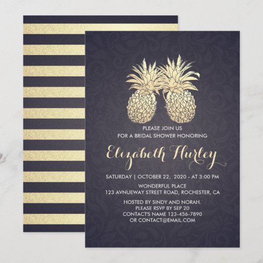 Vrijgezellenfeest Chic Gold Pineapple Couple Navy  Kaart (Voorkant / Achterkant)