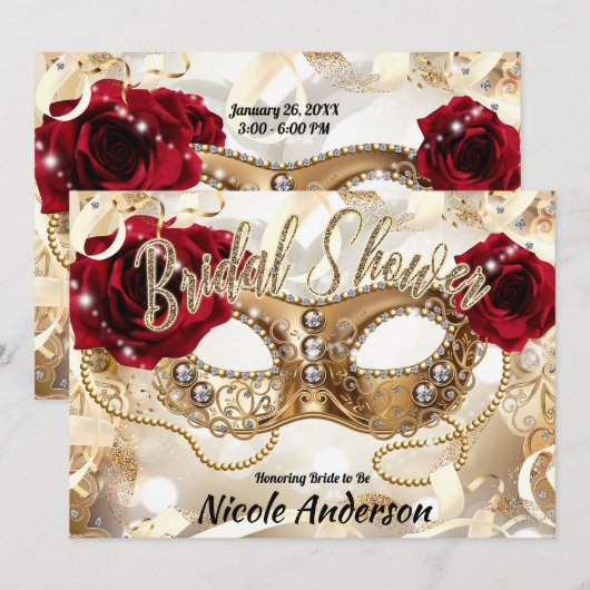 Vrijgezellenfeest Cream Gold Red Roses Masquerade Kaart (Voorkant / Achterkant)
