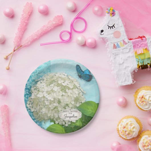 Vrijgezellenfeest Damask White Hydrangea Butterfly Papieren Bordje (Feest)