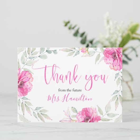 Vrijgezellenfeest Dank u Roze Botanische Bloemen Bedankkaart (Staand voorkant)