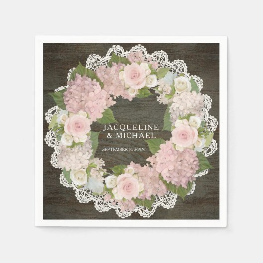 Vrijgezellenfeest Dark Wood Lace Hydrangea Roos Kr Servetten (Voorkant)