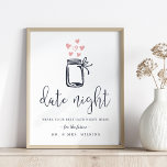 Vrijgezellenfeest Datum Nachtingang teken Poster<br><div class="desc">Pop dit zoete teken in een lijst en plaats het naast je date night jar om gasten van het vrijgezellenfeest te vragen date night inspiratie te delen voor het gelukkige paar! Het ontwerp is voorzien van blauw jasje met een moerasjar-illustratie voorzien van een wazige roze harten. Matchkaarten en pot zijn...</div>