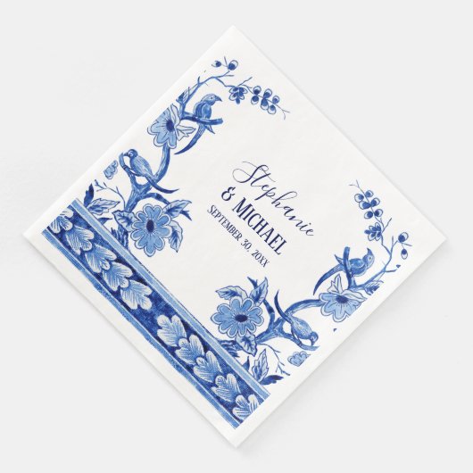 Vrijgezellenfeest Decor Indigo Blauw Chinees Bloem Servet (Hoek)