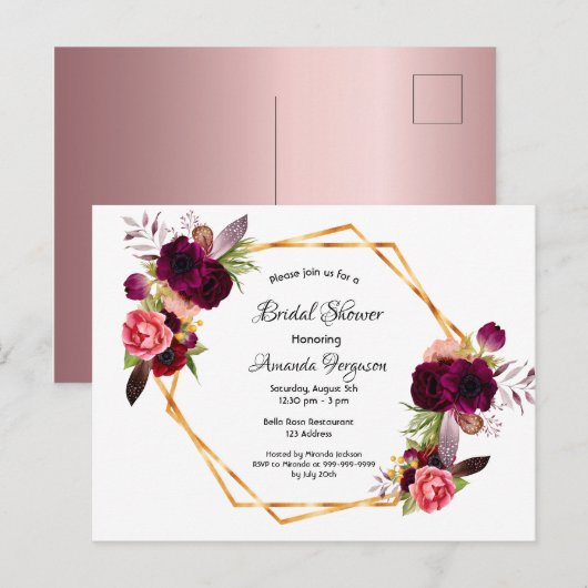 Vrijgezellenfeest dusty roos white burgundy-uitnod briefkaart (Voorkant / Achterkant)