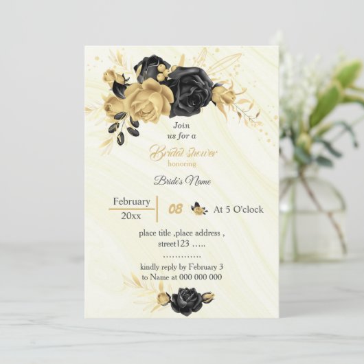 vrijgezellenfeest elegant goud en zwarte bloemen kaart (Staand voorkant)