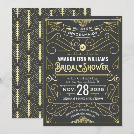 Vrijgezellenfeest Elegant Goud Grijs Retro Art Dec Kaart (Voorkant / Achterkant)