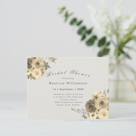 Vrijgezellenfeest Elegant Yellow Rose Grey Uitnodi Briefkaart (Staand voorkant)