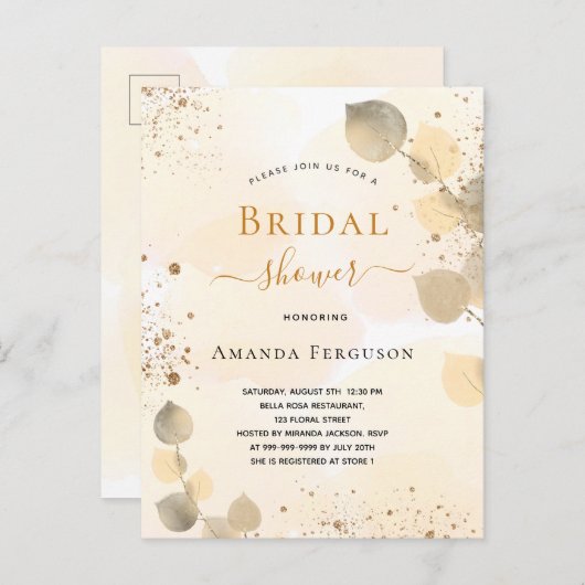 Vrijgezellenfeest eucalyptus glitter gouden herfst uitnodiging briefkaart (Voorkant / Achterkant)