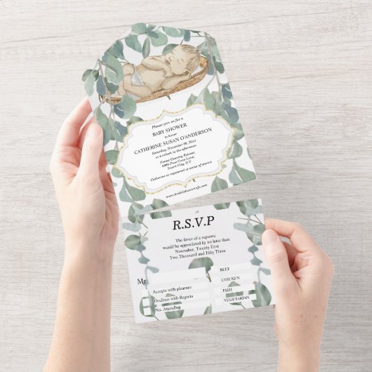 Vrijgezellenfeest eucalyptus greenery baby all in one uitnodiging (Afscheurbaar)