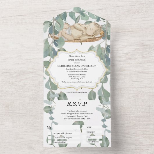 Vrijgezellenfeest eucalyptus greenery baby all in one uitnodiging (Binnen)