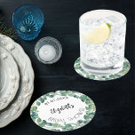 Vrijgezellenfeest eucalyptus groen krans ronde kartonnen onderzetter<br><div class="desc">Witte achtergrond,  zwarte tekst. Versierd met eucalyptuskrans. Een datum en naam personaliseren en toevoegen. Een modern handgeschreven stylescript.</div>